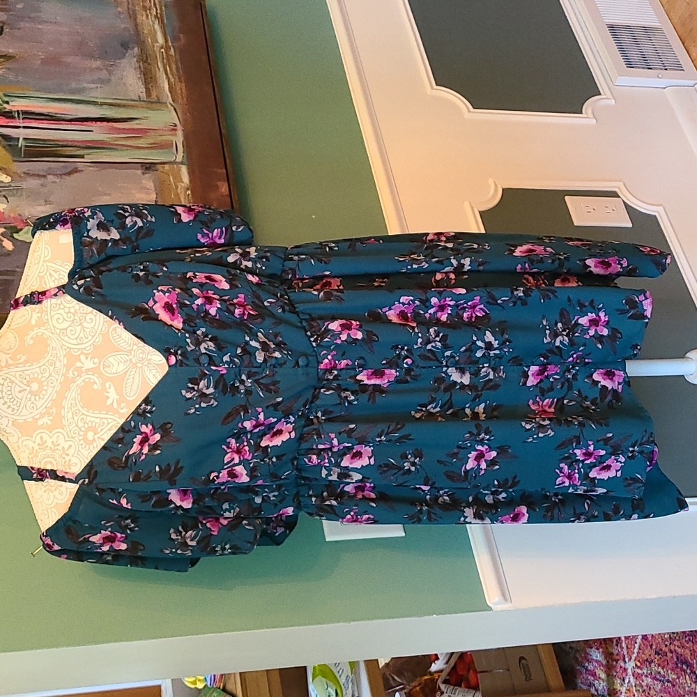 Torrid Teal green with purple flowers.  Off the shoulder blouse